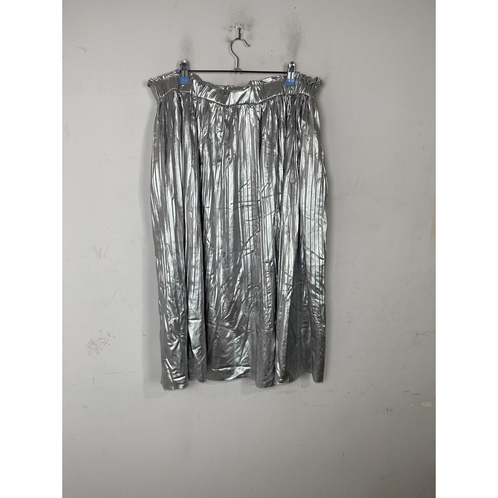 SIMLU Womens Skirt 2X Silver Metallic Pleated Party Cocktail New‎ Years Midi